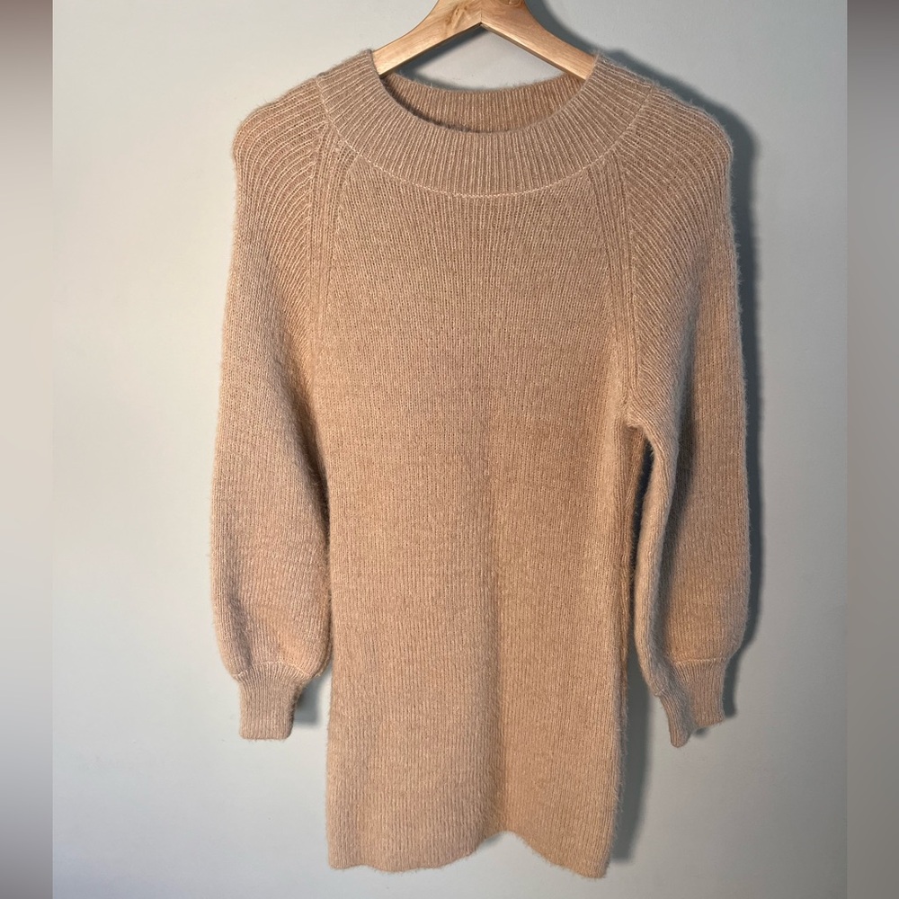Womens Camel Tan Knit Long Balloon Sleeve Ribbed Crew Neck‎ Sweater Dress